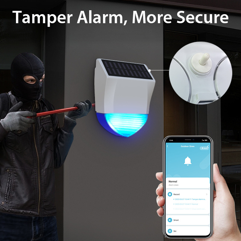 NEO graffiti inteligente WiFi al aire libre de sonido y luz de alarma y sonido solar y alarma de luz y prueba de lluvia a prueba de sol anti-desmontaje