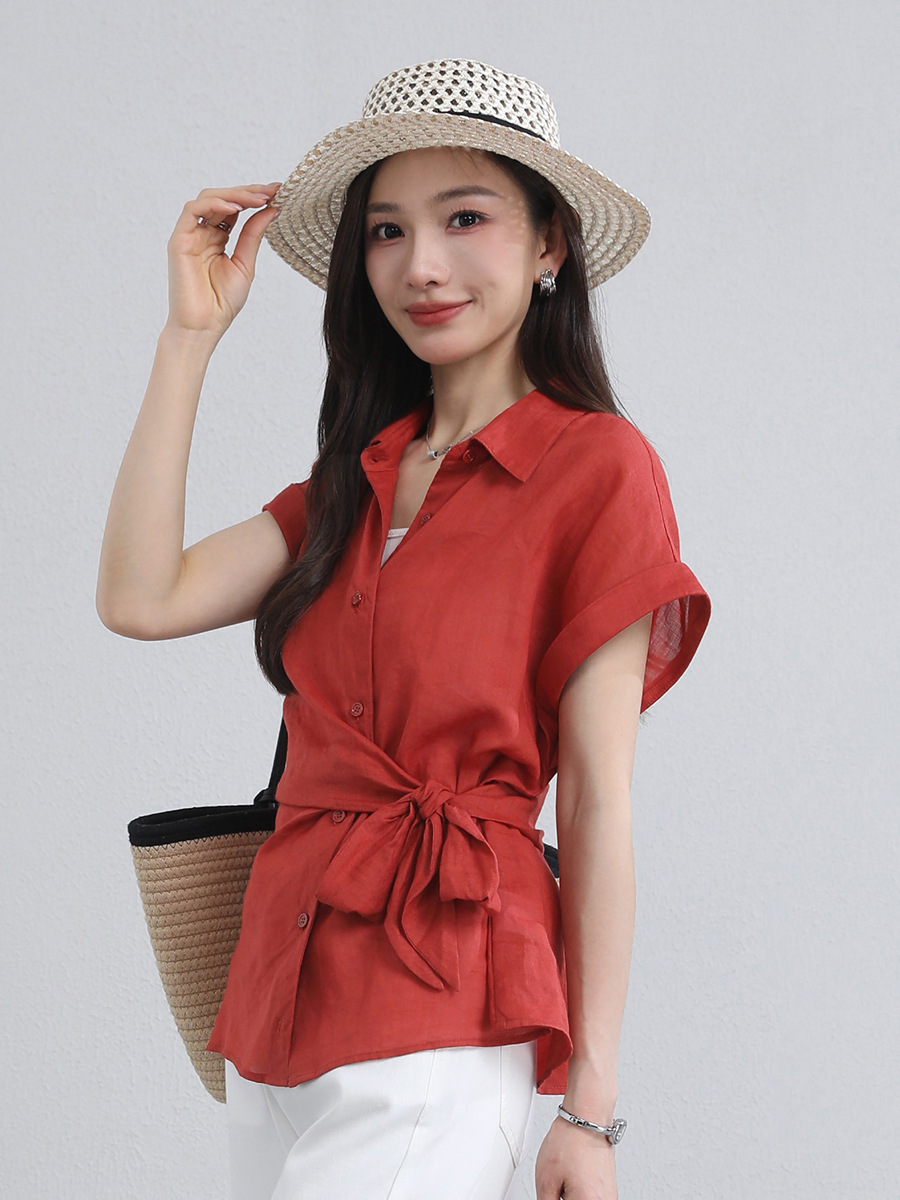 Áo sơ mi nữ không tay cổ bẻ dây rút chất liệu ramie thoáng mát — Màu hồng