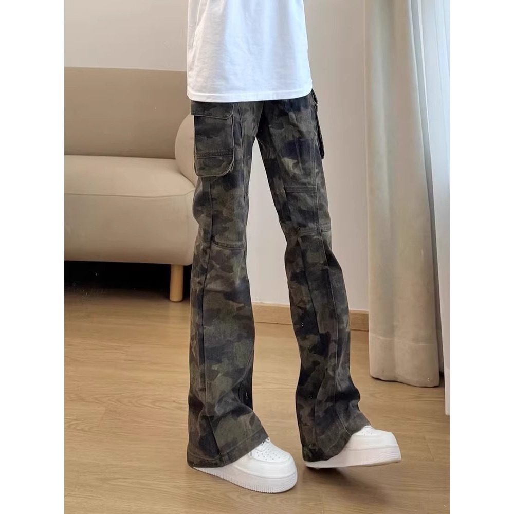 Primavera y verano Chao Gao Street multi-bolsillo pantalones casuales pareja hombre suelto jeans de camuflaje de trabajo retro pantalones de micro-escalado