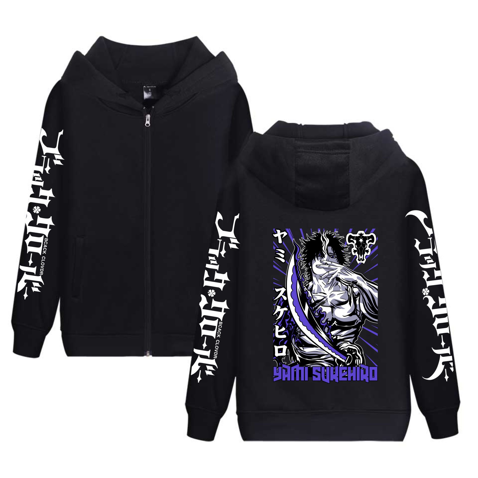 Trébol de cuatro hojas negro nuevo estilo transfronterizo Black Clover más sudadera con capucha de terciopelo con cremallera suéter de pareja