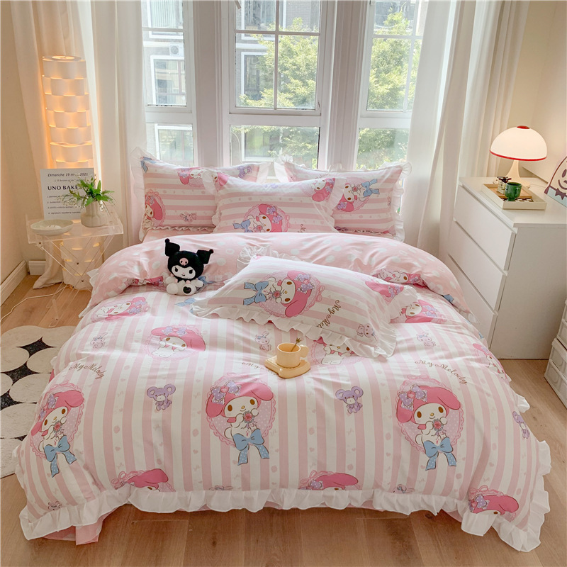三丽鸥纯棉花边款四件套全棉公主风卡通HelloKitty床单被套床裙款|undefined