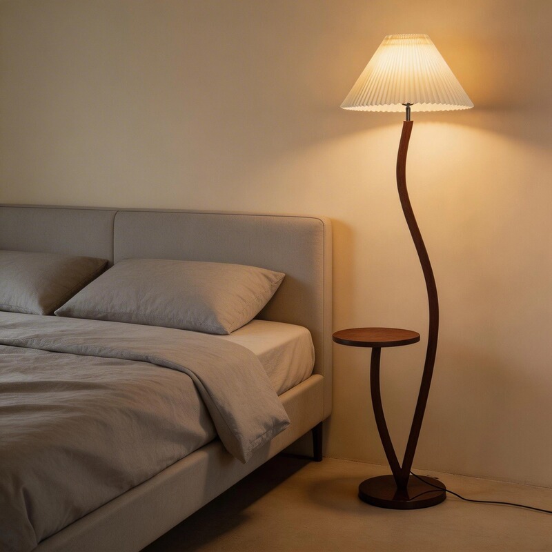 Floor Lamp with Integrated Shelf for Living Room and Bedroom, Reading Ambient Light Next to the Sofa, Vintage Pleated Solid Wood Standing Lamp Floor Lamp with Integrated Shelf for Living Room and Bedroom, Reading Ambient Light Next to the Sofa, Vintage Pleated Solid Wood Standing Lamp