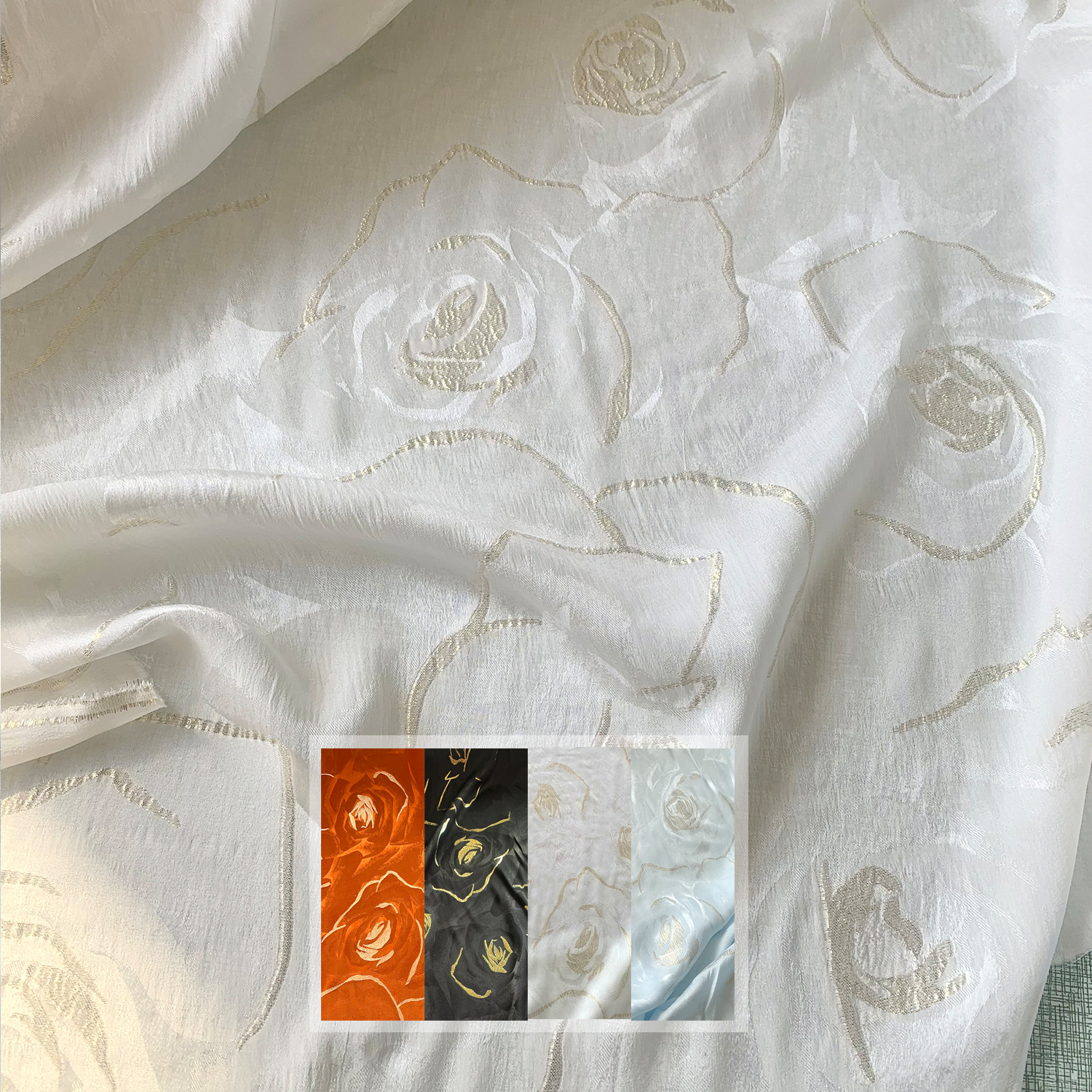 RY玫瑰花金皮剪花描金缎提花缎布料桑蚕丝织金新中式汉服旗袍面料