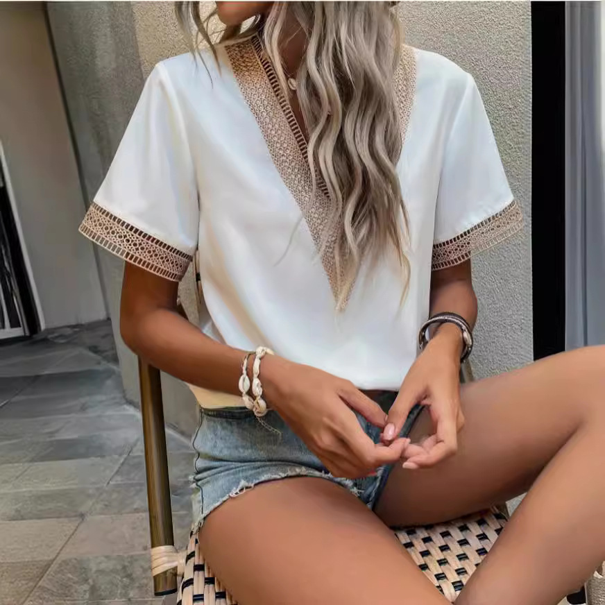 Camisa Elegante de Manga Corta para Mujer, Estilo Europeo y Americano 2026, con Cuello en V, Adorno de Encaje Satinado, Color Sólido, Corte Holgado, para el Trabajo image 6