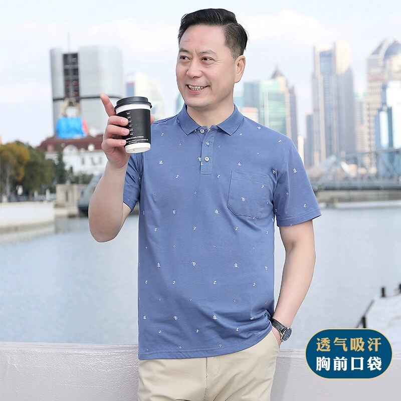 Dad's Summer Cotton Short-sleeved T-shirt for Middle-aged and Elderly Men's Pocket Button Style Grandpa's Summer Clothes