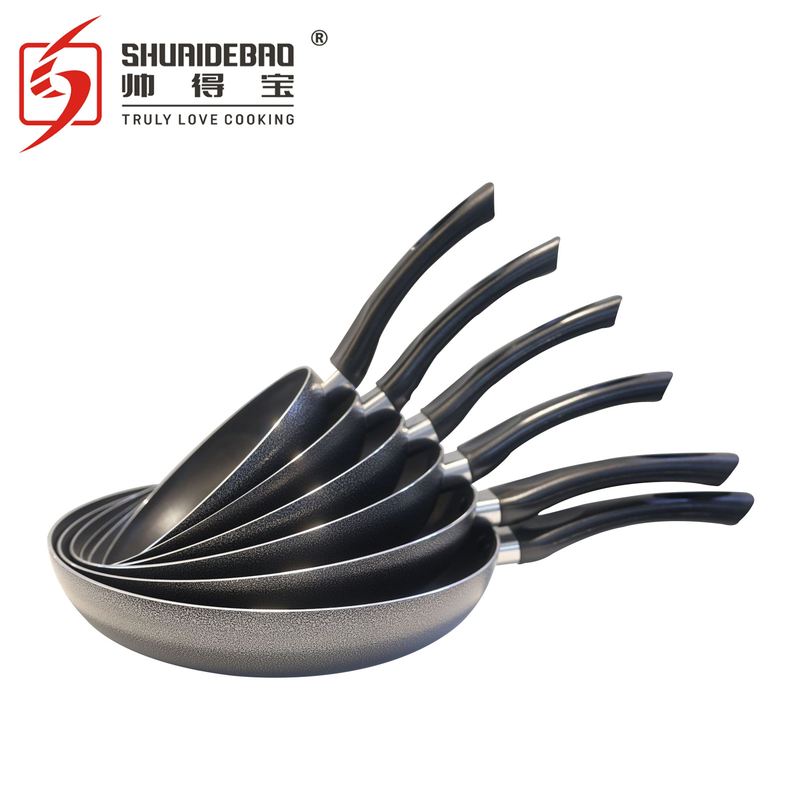 Shuaidebao exportación original de aluminio de 2,5mm de plástico negro de pulverización sartén antiadherente pan 16-32cm