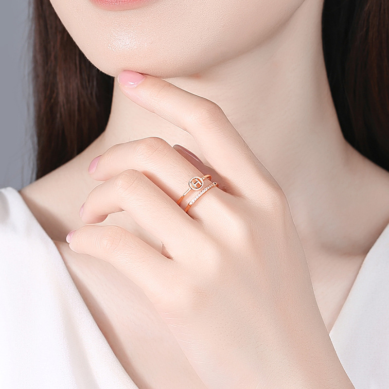 S925 plata esterlina anillo de doble capa hembra japonés y coreano letra H celebridad de Internet diamante incrustado anillo índice abierto anillo de cola de viento frío regalo