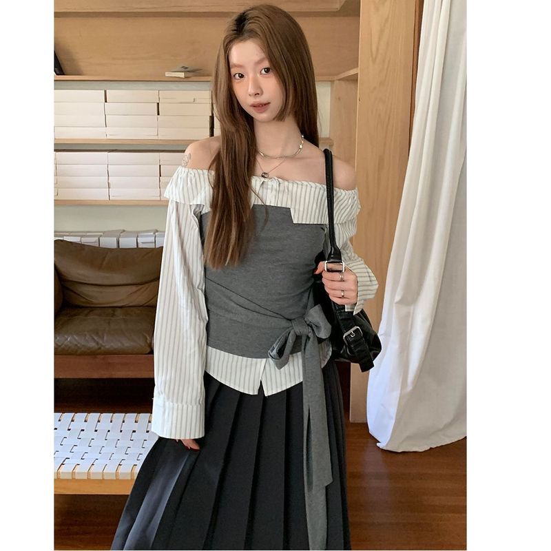 2025秋季新款女感收腰绑带一字领长袖上衣法式气质显瘦设计感衬衫|undefined
