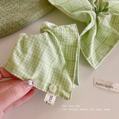 フルーティーグリーン韓国風新作チェック柄ヘアゴム、森風小ぶりフレッシュスクエアスカーフ、甘い雰囲気ボールヘアゴム