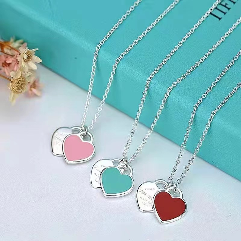 Ebaijia T family love necklace female 925 sterling silver red heart drop oil enamel blue clavicle chain double heart pendant