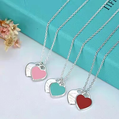 Bibijia T Family Love Necklace for Women, 925 Pure Silver Red Heart Oil Enamel Blue Clasp Chain with Double Heart Pendant