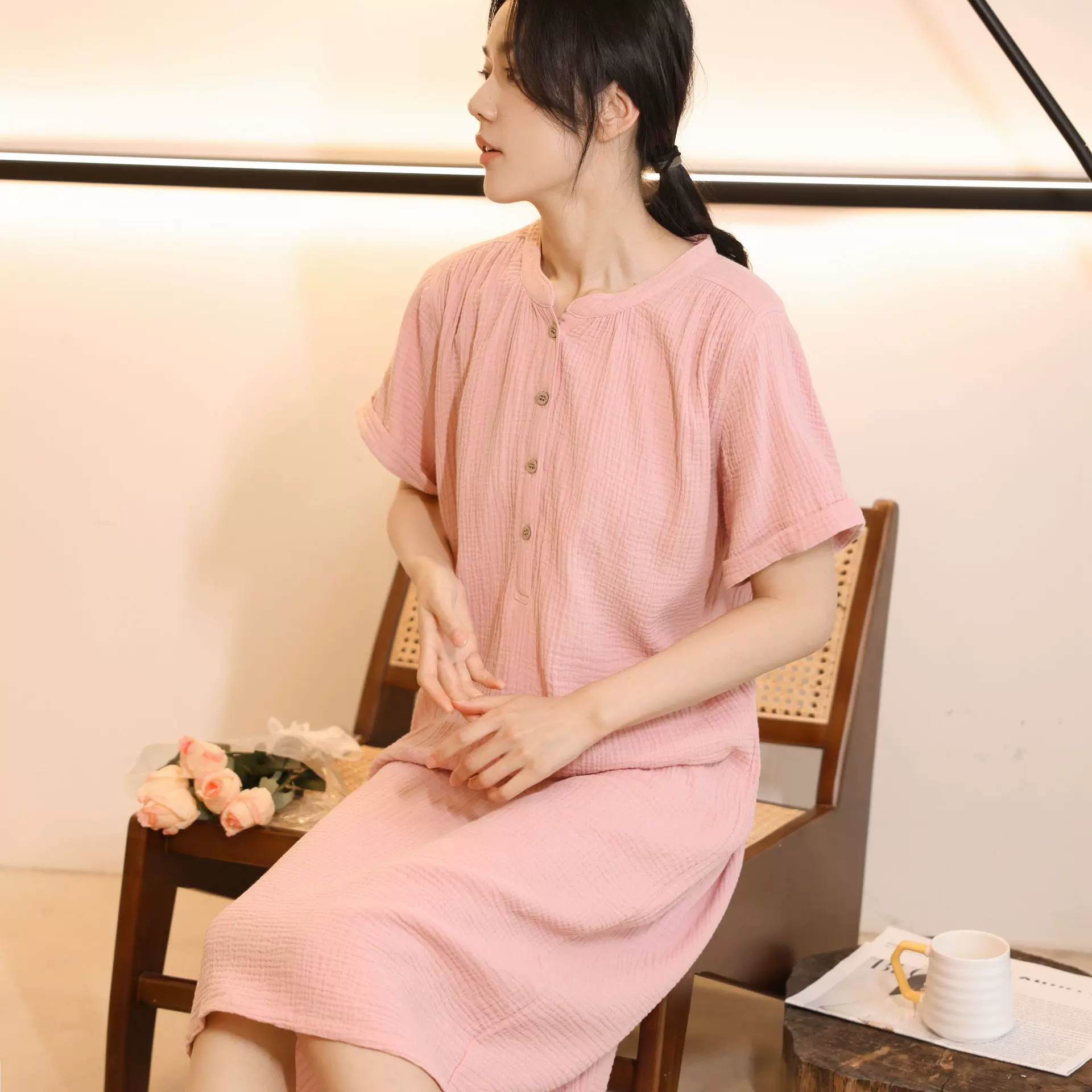 双层纱织短袖日系风睡裙春夏新款棉女士小立领睡衣长连衣裙家居服
