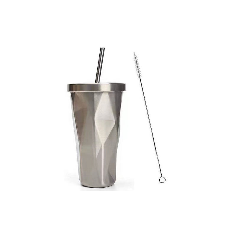 Diamond-Shaped 500ml Straw Cup 304 Stainless Steel Insulated Straw Cup Coffee Milk Tea Cup Diamond-Shaped Ins Style Simple