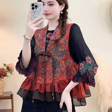 2025春夏国风重工刺绣无袖坎肩双层纱摆女士民族风缎面马甲
