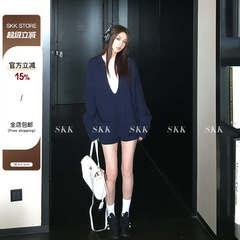 Skk Store 自在起居 松弛感羊毛大V领坑条针织衫短裤休闲套装女秋
