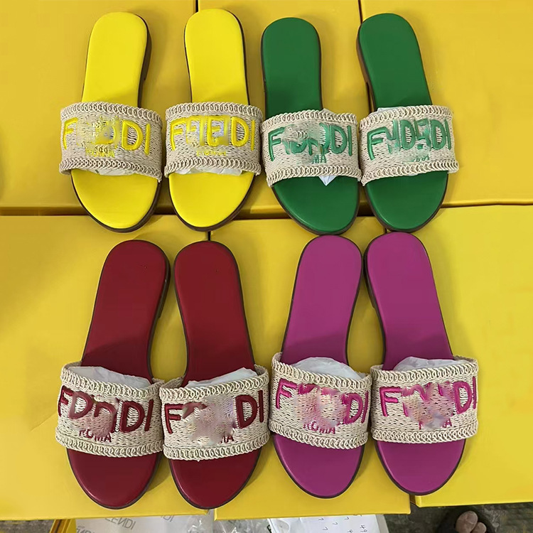 F Letter Embroidered Slippers for Women's Outer Wear 2025 Summer New Round-Toe Slippers Woven Breathable Flats Sandals