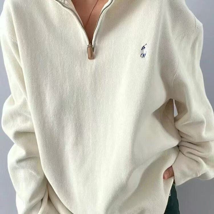 Cross-border RL classic solid-color polo shirt with embroidered pony logo, half-zip design, stand-up collar, knitted fabric, cotton blend, and sporty style