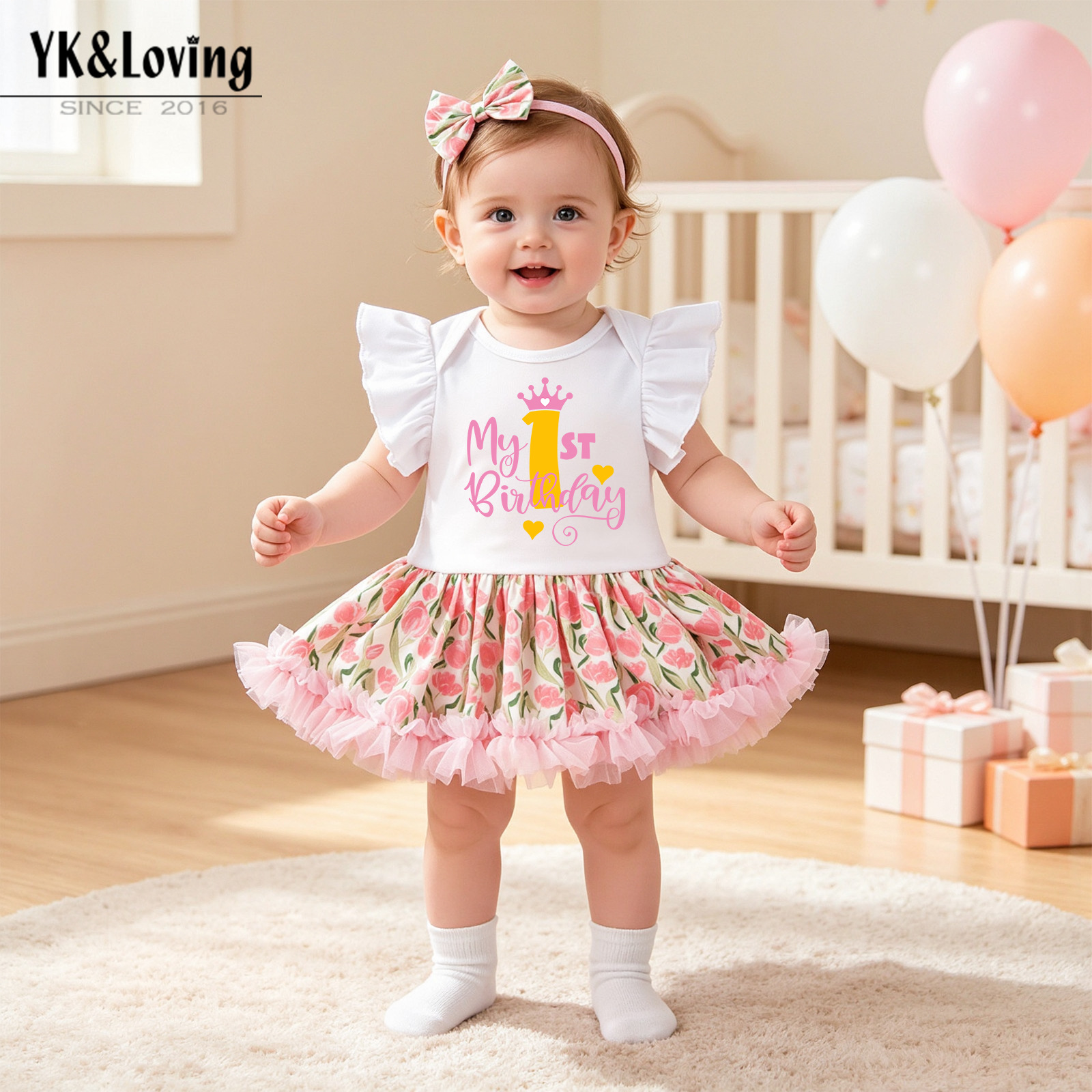 2026 Summer New Baby Girl Birthday Outfit: Flutter-Sleeve Triangle Romper, PP Pants, and Bow Headband Set