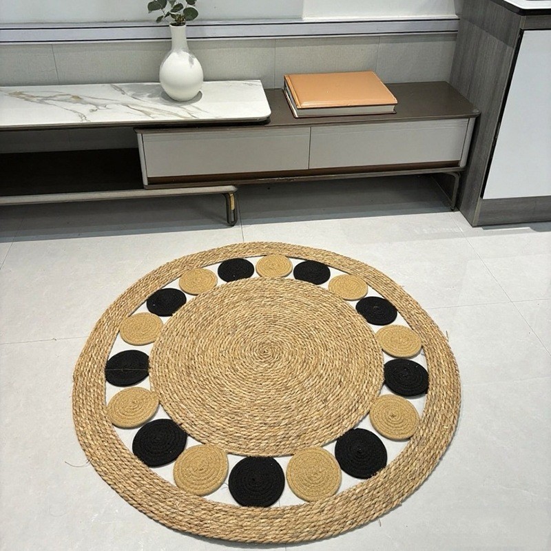 Hecha a mano alfombra de lona alfombra trenzada redonda en la sala de estar alfombra de puerta de entrada tatami alfombra de tela de paja