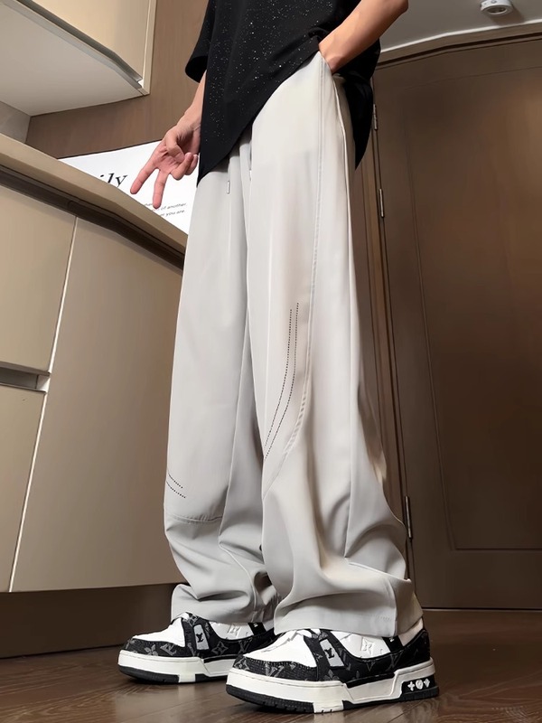 ウッドペッカーレーザー通気性メッシュドレープアイスシルクパンツメンズ夏薄いルーズストレートワイドレッグカジュアルパンツ|undefined