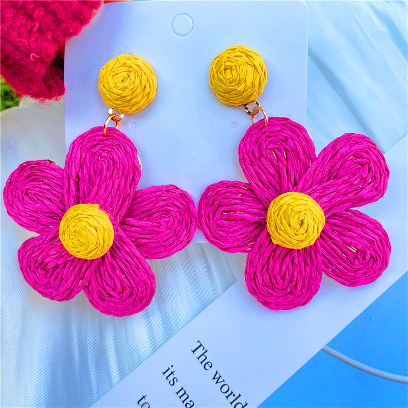 1 Pair Sweet Flower Braid Raffia Drop Earrings display picture 3