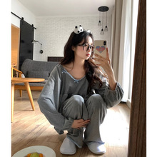 蝴蝶结睡衣女春秋款长袖长裤套装仿棉跨境家居服纯色高级感可外穿