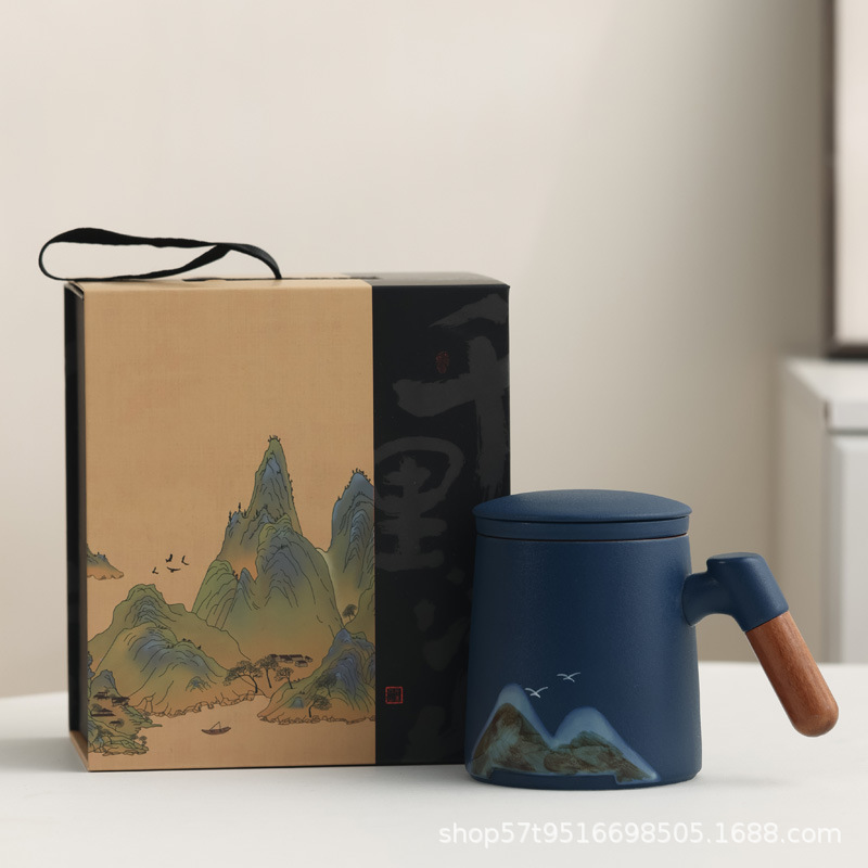 Taza de cerámica Jiangshan set de regalo de taza de marca de filtro de taza de agua de negocios de talla LOGO publicidad al por mayor