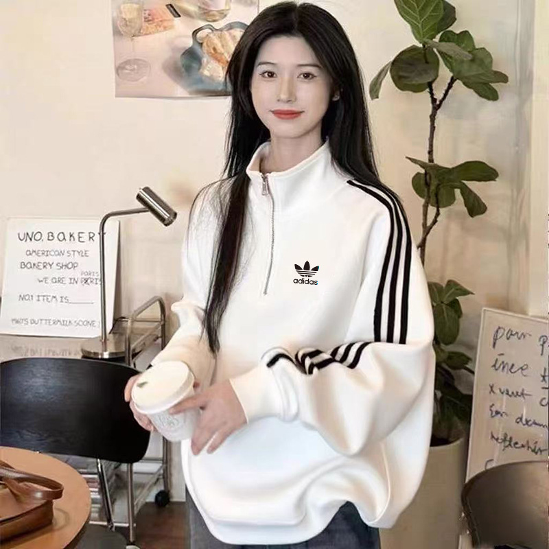 三叶草纯棉刺绣长袖卫衣男女情侣款三条杠休闲宽松圆领套头上衣潮|undefined