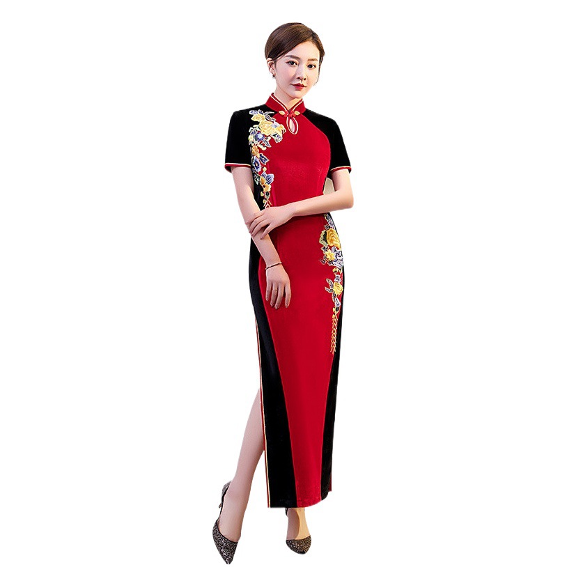 Spring 8858 New Arrival Three-Dimensional Embroidered Long Cheongsam Dress Retro Fashion Show Cheongsam Large Size Cheongsam Dress