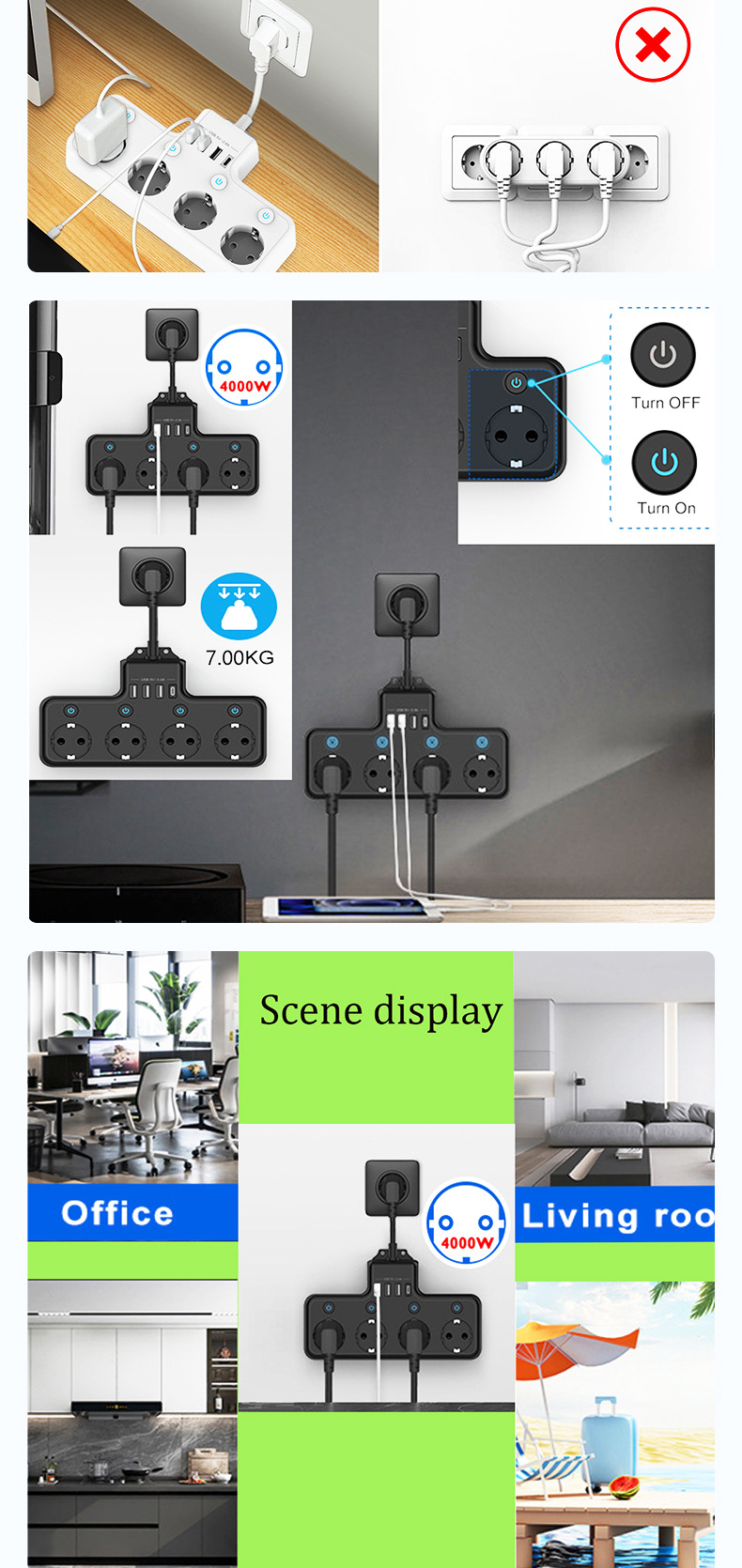 Cross-Border EU Desktop Short Line 4-Port USB Power Strip German Standard Multi-Functional Multi-Socket Outlet_voghion.com