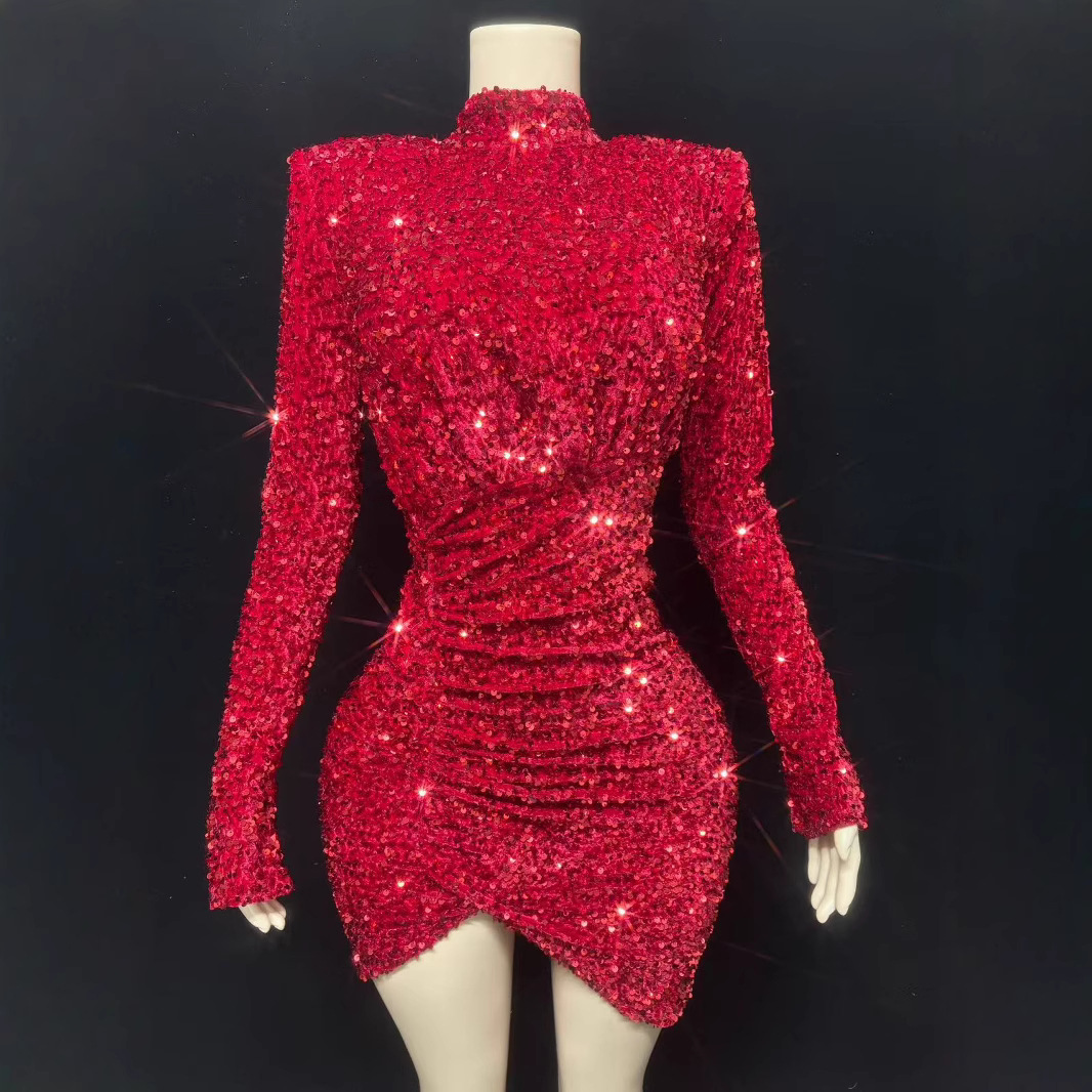 2025夏季新款女装亮片连衣裙感纯色订婚宴敬酒晚礼服修身短裙