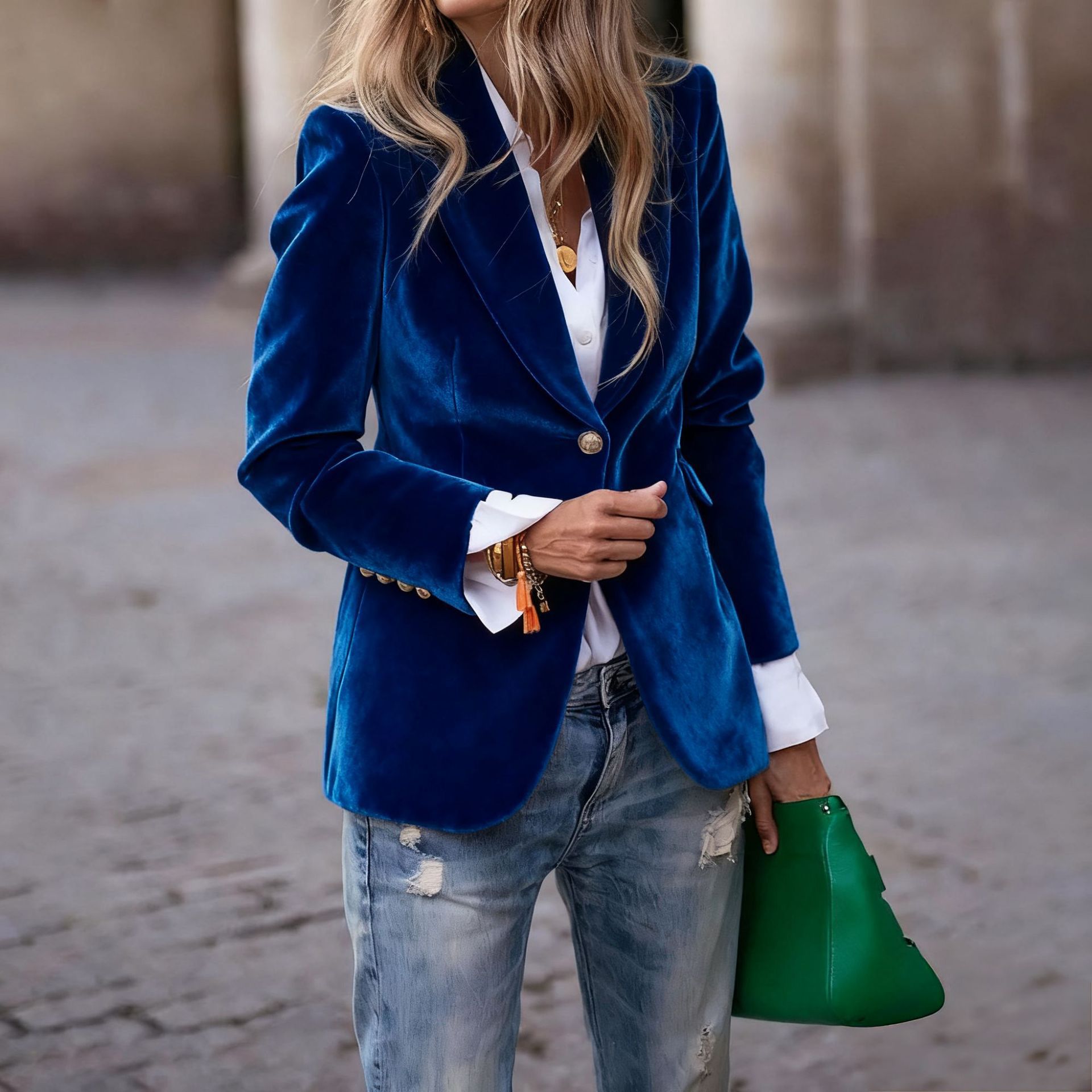 Wish Export Ebay Cross-Border Women's Clothing Hot Sale Elegant Fake Flap Pocket Pants Gold Velvet Suit Jacket Women's Wholesale Price