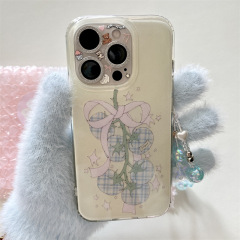 细闪蝴蝶结格纹西红柿适用iPhone16苹果15ProMax/14/13手机壳小众