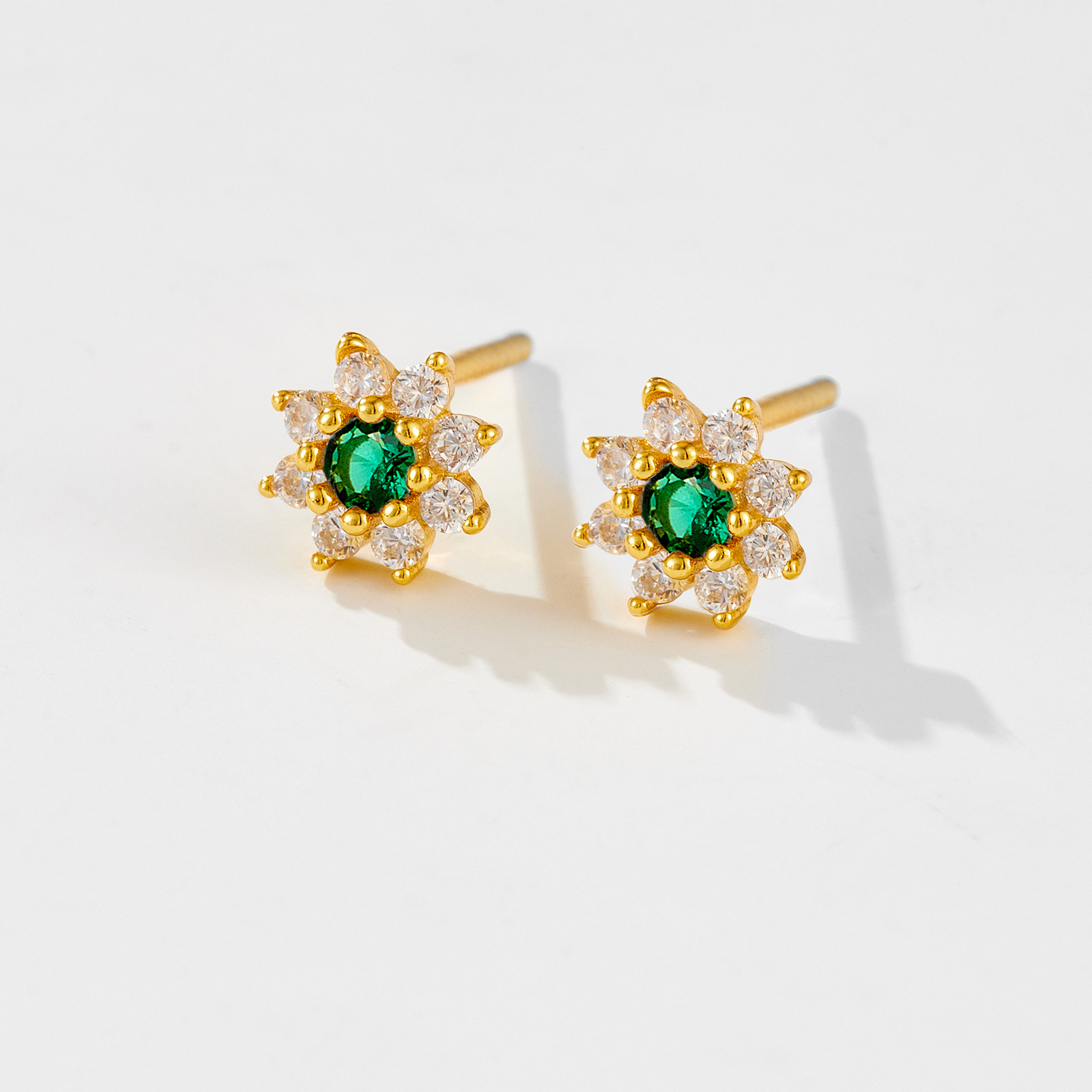 18K Real Gold Plated Plating Material Zircon Inlay Material 1 Pair 18K Gold Plated 925 Sterling Silver Zircon Flower Ear Studs