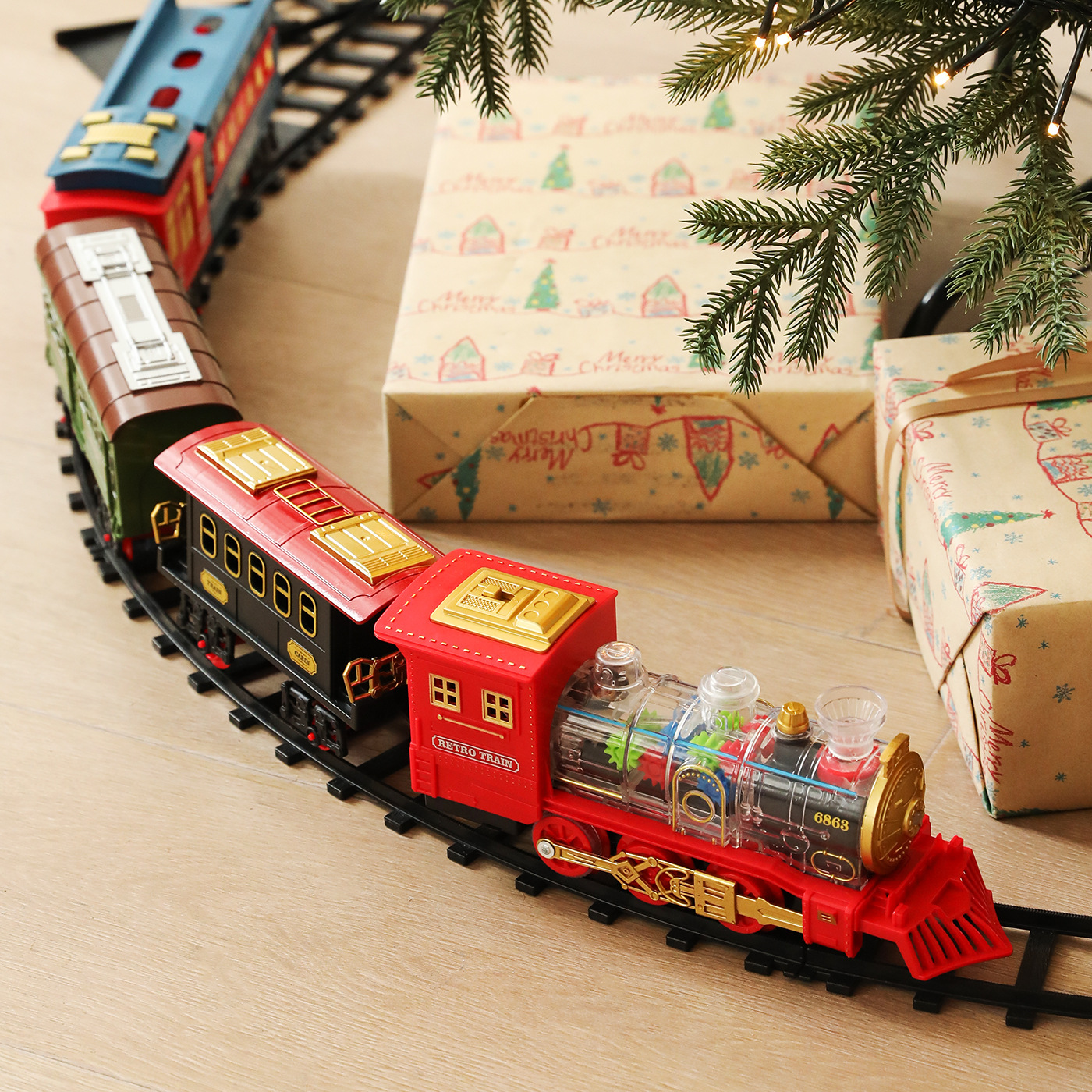 Transfronterizos niños regalos divertidos ferrocarril eléctrico trenes de Navidad decoración de Navidad ferrocarril carruaje decoración de árbol de Navidad