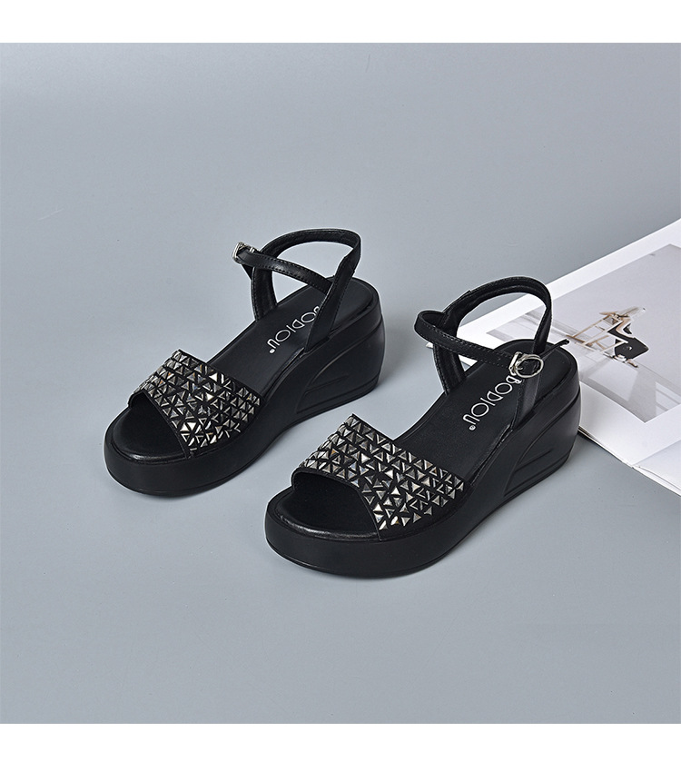 Dép sandal nữ đế xuồng đính đá cao cấp, gót cao tăng chiều — Màu đen chi tiết 9