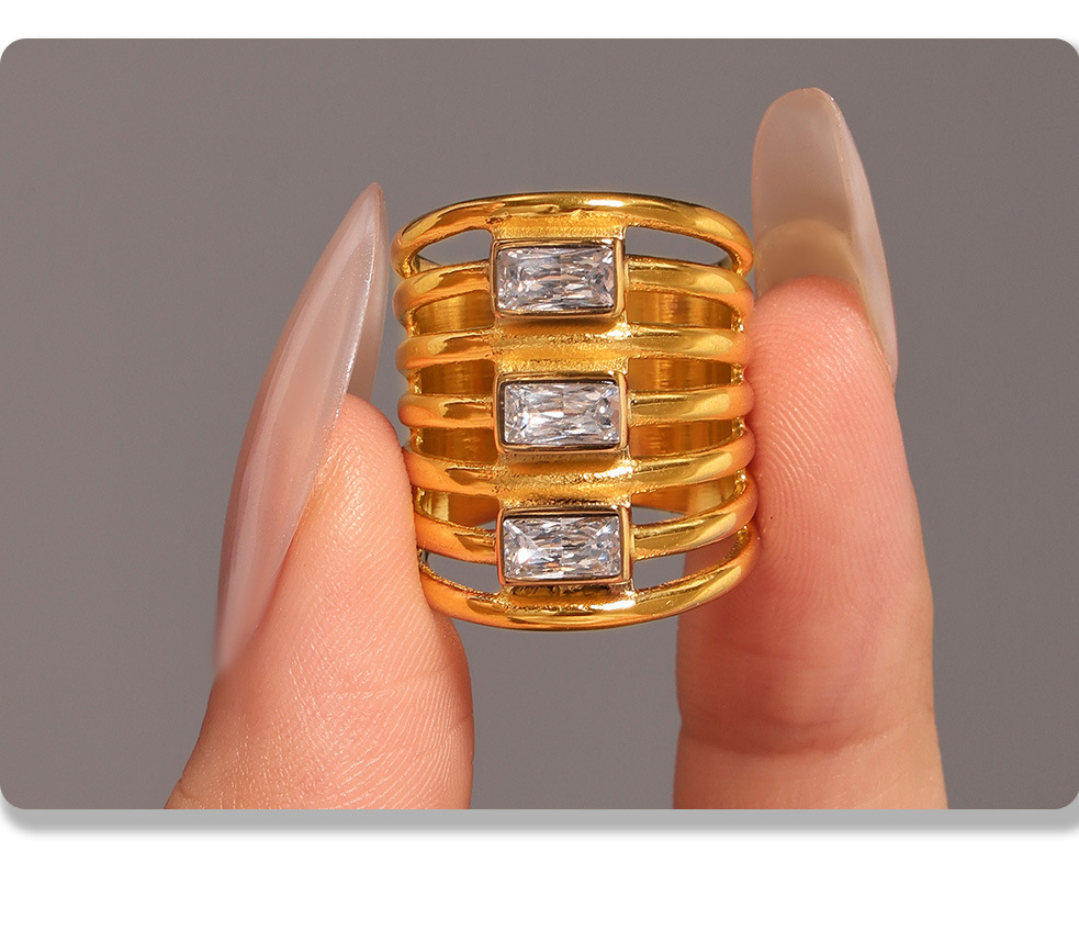 Square Sugar Multi Layer Square Zircon Exaggerated Ring Women's Fashion Hollow Out Versatile Stainless Steel Non Fading Finger Ring_voghion.com