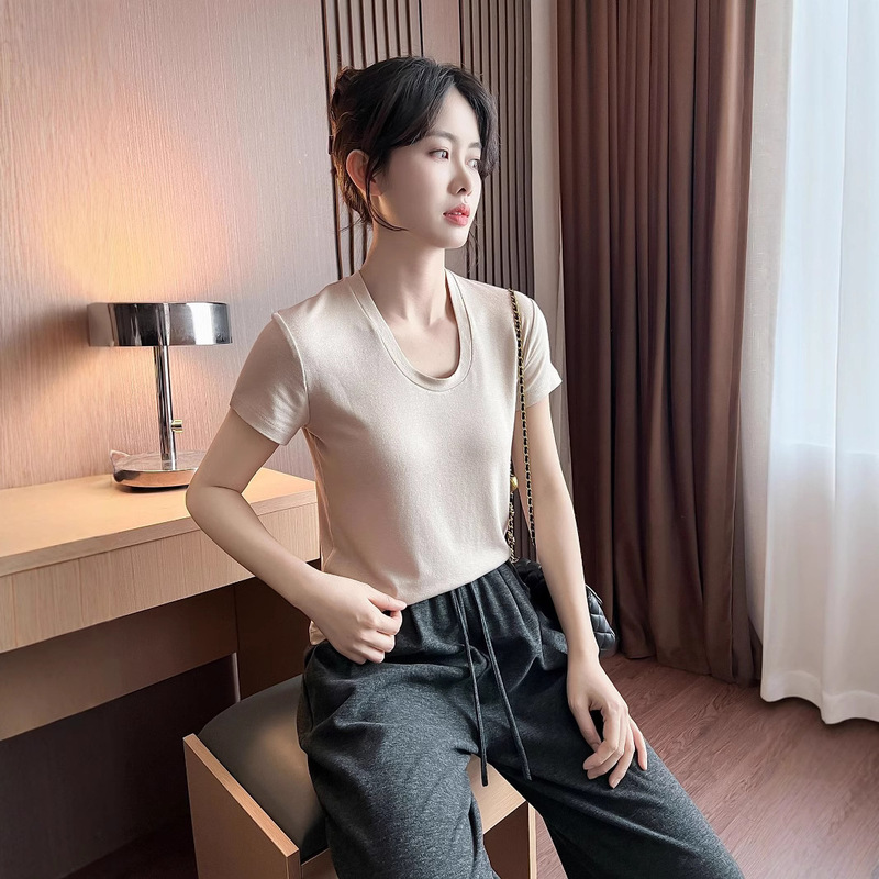 Power Factory Swan Neck Showback Thin U-Neck Short-Sleeved Women's Elastic Slim-Fit Bottoming Summer Tencel Acetate Wool T-Shirt Power Factory Swan Neck Showback Thin U-Neck Short-Sleeved Women's Elastic Slim-Fit Bottoming Summer Tencel Acetate Wool T-Shirt