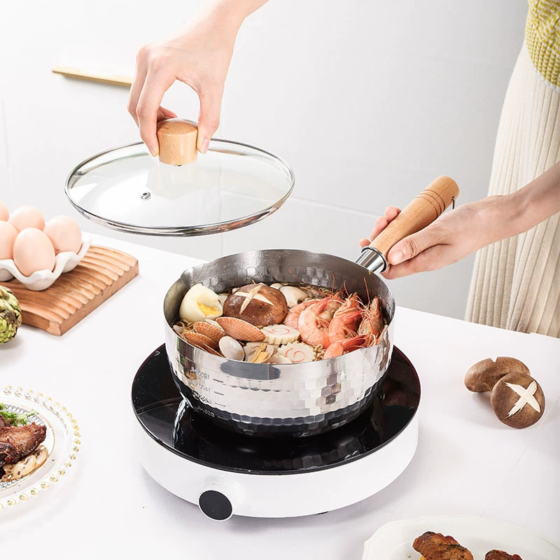 Снеговик из нержавеющей стали 304, двухслойный суповой горшок в японском стиле с деревянной ручкой, горшок для лапши с одной ручкой, молочный горшок для дополнительной пищи с пароваркой