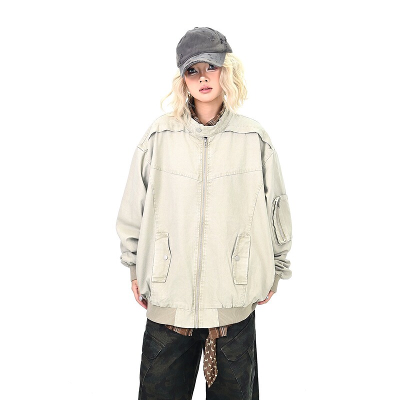 American Retro Motorcycle Style Stand Collar Jacket for Men and Women 2025 New Street Loose Casual Canvas Washed Workwear