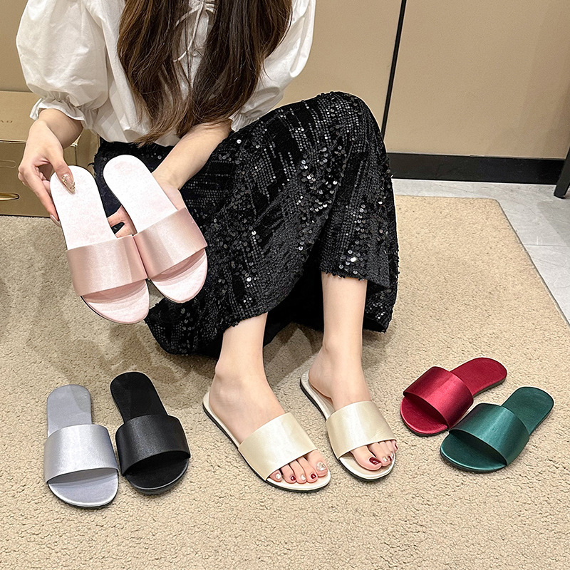 Shoes Flats Slippers Pure Color Large Size One-Line Round Toe Open-Toe Sandals Lightweight Elegant Silks and Satins Beach Slippers
