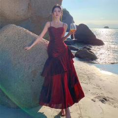 海辺の休暇レトロな人鱼姫ハスの叶の縁赤いハスの叶の縁のサスペンダーのワンピースの诞生日のパーティーのドレスのロングスカート