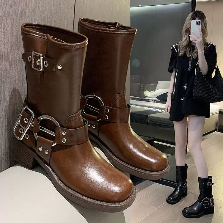 Женские рыцарские сапоги с рукавами на толстом каблуке, Новинка лета и осени 2023 года, сапоги без шнуровки в стиле панк на среднем каблуке с пряжкой в стиле вестерн