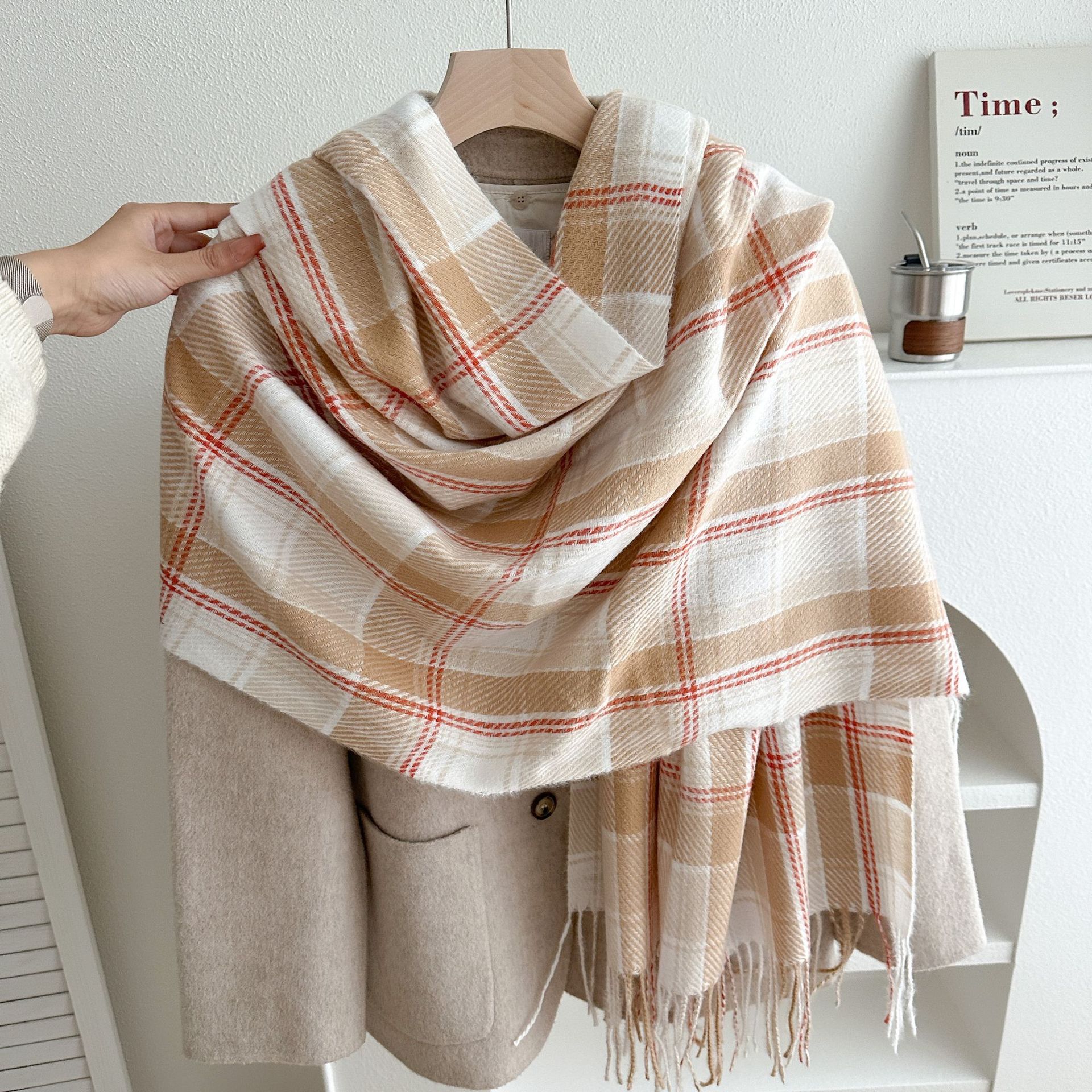 Bufanda de Cuadros Rosa con Flecos de Imitación Cachemira Térmica para Invierno