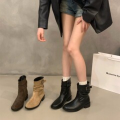 粗跟黑色马丁靴短靴女靴子2025新款瘦瘦靴秋冬季卡其色绒面堆堆靴