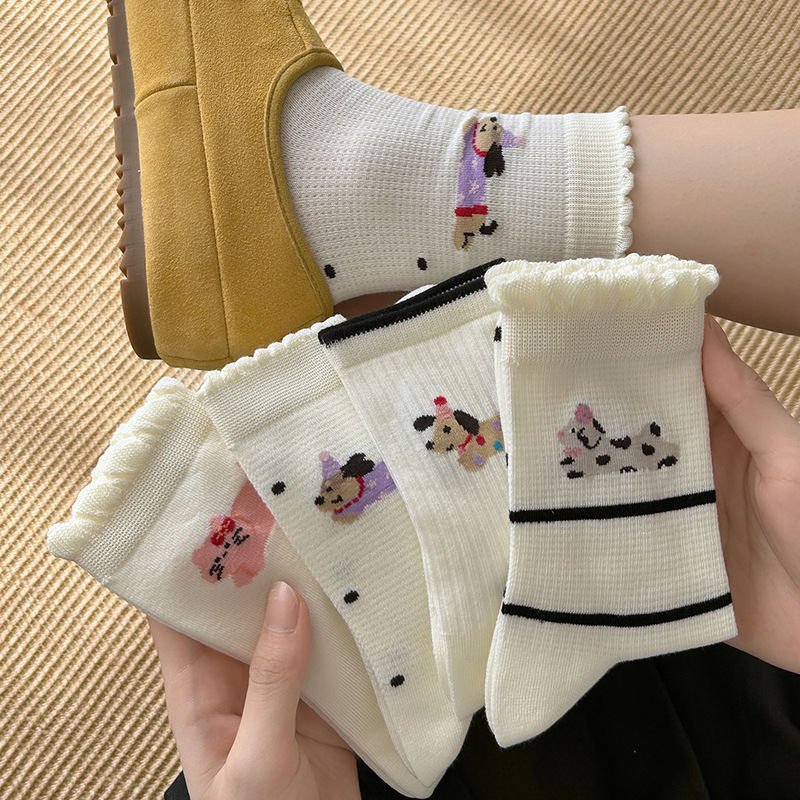 2025 New Autum Style | Cute Puppy Socks for Women Mid-Length White Lace Ins Trendy Pile Socks Cotton Socks Long Socks