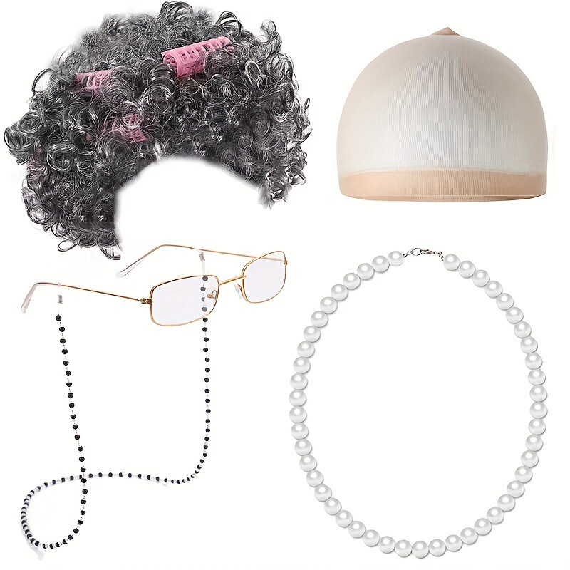 1920S Grandma Curly Headband with Curling Iron Wig with Chain Glasses Necklace Set Dress up Lp813