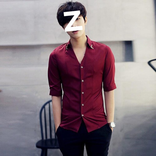 Men's Fashion Short-Sleeve Shirt Slim Fit Korean Style White Hair Stylist Mid-Sleeve Short-Sleeve 7/8 Sleeve Collarless Shirt