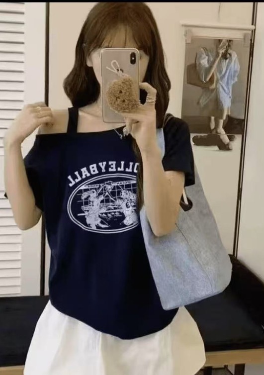 【綿92・スパンデックス8】オフショルダー半袖スリムフィットショートプリントTシャツレディース万能ボトムスシャツ|undefined