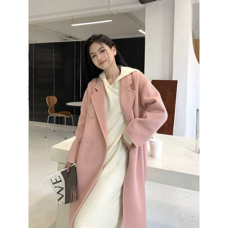 粉色毛呢外套多巴胺长款韩系气质西装领燕麦色小个子氛围感秋冬